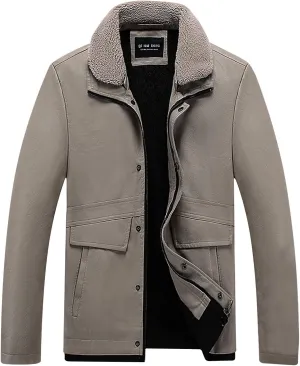 Men's Faux Pu Leather Jacket Fleece Sherpa Lined Trench Coats Heavyweight Zipper Fur Collar Retro Motorcycle Jacket