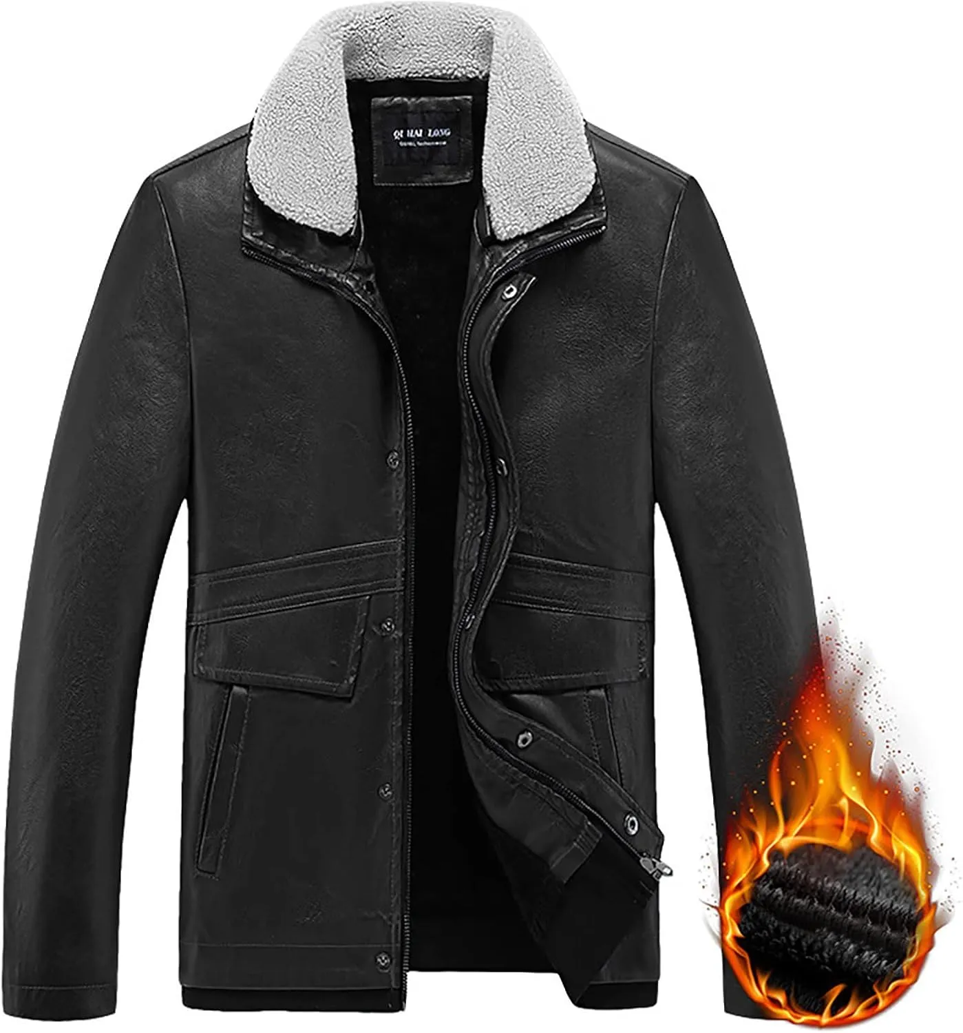Men's Faux Pu Leather Jacket Fleece Sherpa Lined Trench Coats Heavyweight Zipper Fur Collar Retro Motorcycle Jacket