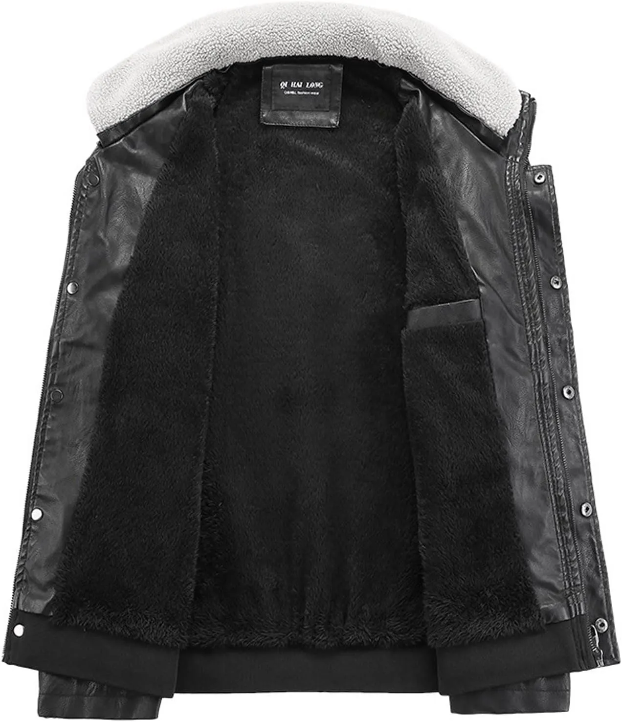 Men's Faux Pu Leather Jacket Fleece Sherpa Lined Trench Coats Heavyweight Zipper Fur Collar Retro Motorcycle Jacket