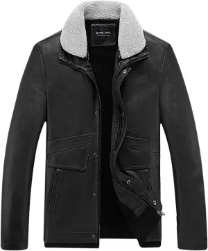 Men's Faux Pu Leather Jacket Fleece Sherpa Lined Trench Coats Heavyweight Zipper Fur Collar Retro Motorcycle Jacket
