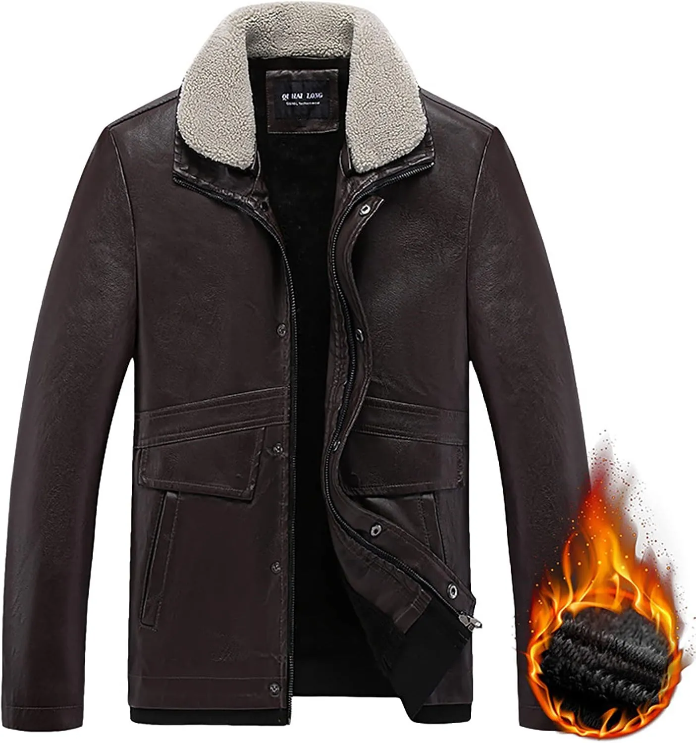 Men's Faux Pu Leather Jacket Fleece Sherpa Lined Trench Coats Heavyweight Zipper Fur Collar Retro Motorcycle Jacket