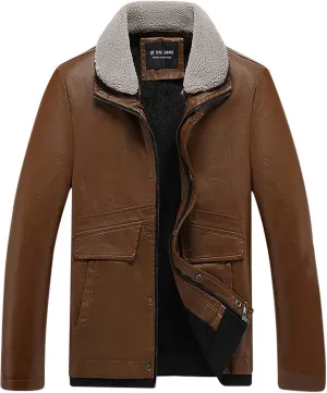 Men's Faux Pu Leather Jacket Fleece Sherpa Lined Trench Coats Heavyweight Zipper Fur Collar Retro Motorcycle Jacket