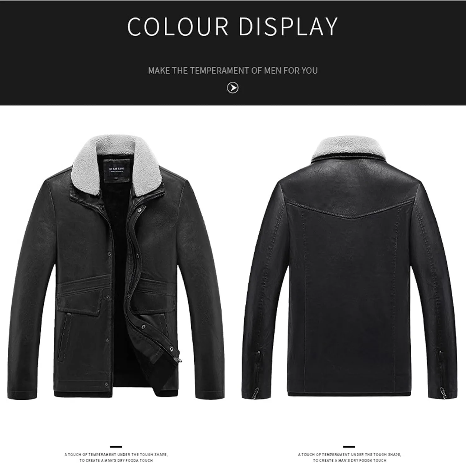 Men's Faux Pu Leather Jacket Fleece Sherpa Lined Trench Coats Heavyweight Zipper Fur Collar Retro Motorcycle Jacket