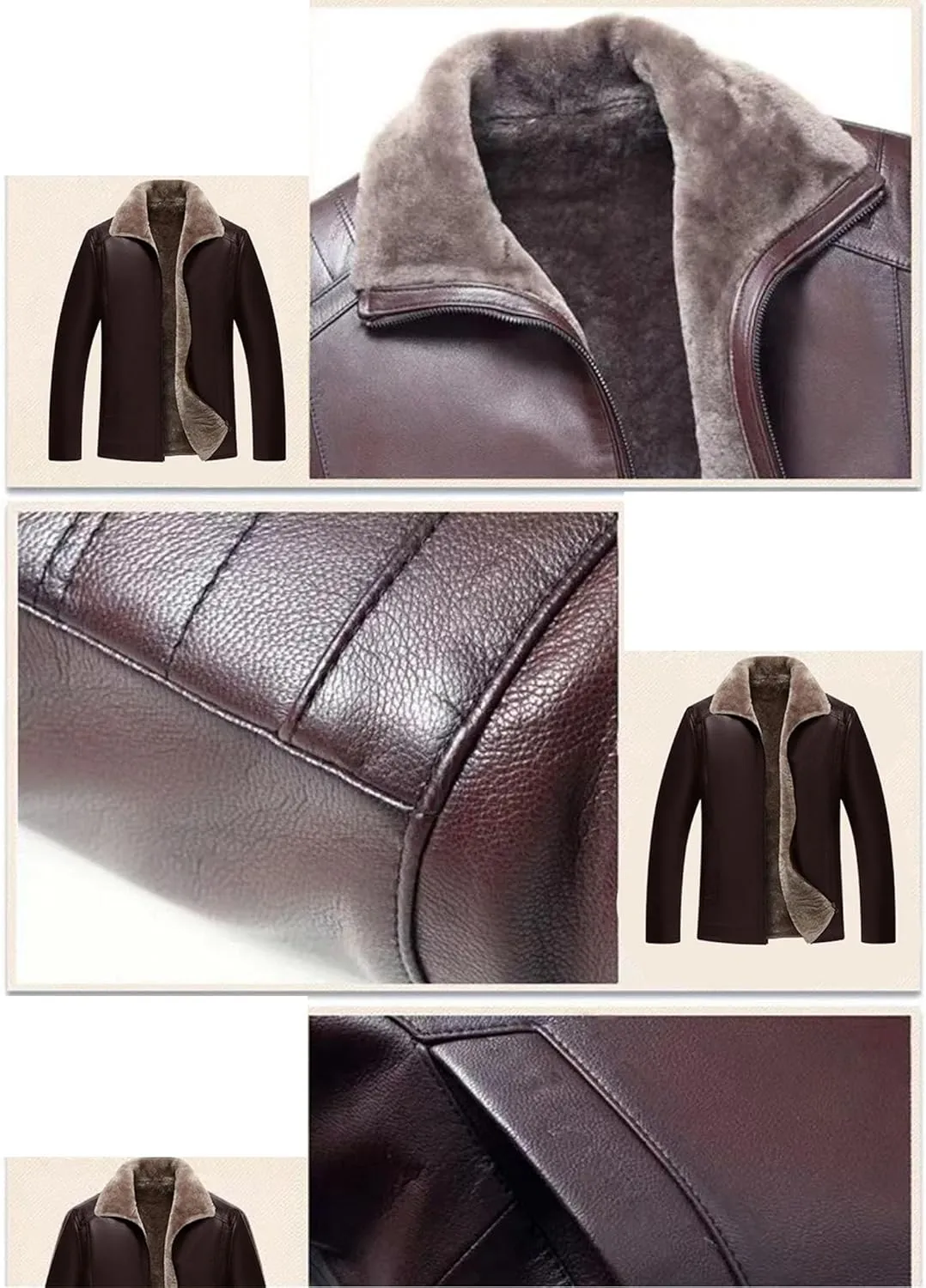 Mens Faux Shearling Leather Jacket Fur Winter Coat Sherpa Lined Leather Jacket Vintage Fluffy Bomber Coat Outwear