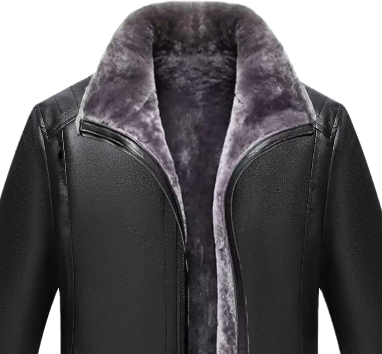 Mens Faux Shearling Leather Jacket Fur Winter Coat Sherpa Lined Leather Jacket Vintage Fluffy Bomber Coat Outwear