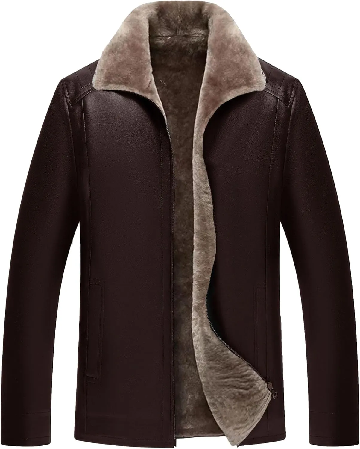Mens Faux Shearling Leather Jacket Fur Winter Coat Sherpa Lined Leather Jacket Vintage Fluffy Bomber Coat Outwear