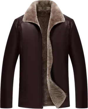 Mens Faux Shearling Leather Jacket Fur Winter Coat Sherpa Lined Leather Jacket Vintage Fluffy Bomber Coat Outwear