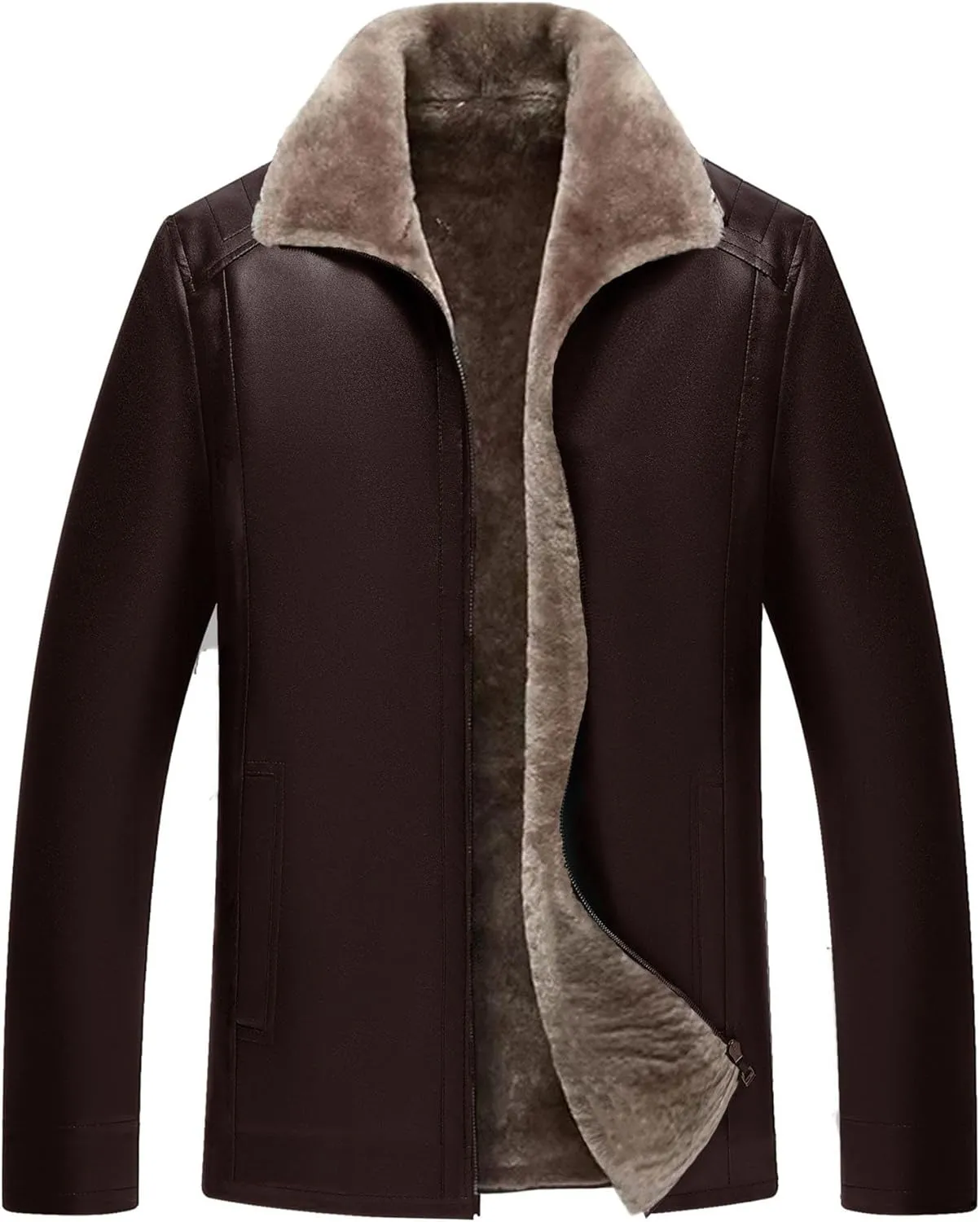Mens Faux Shearling Leather Jacket Fur Winter Coat Sherpa Lined Leather Jacket Vintage Fluffy Bomber Coat Outwear