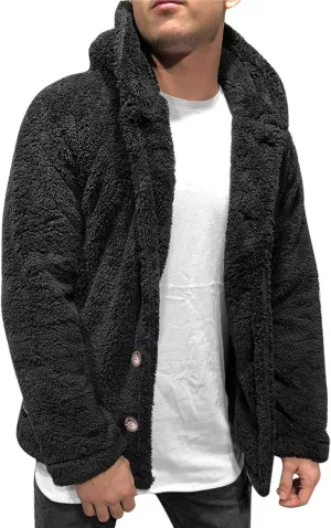 Men's Fleece Jacket Casual Stylish Long Sleeve Hooded Sweater Comfort Fit Button Jacket Coat Winter Warm Cardigan