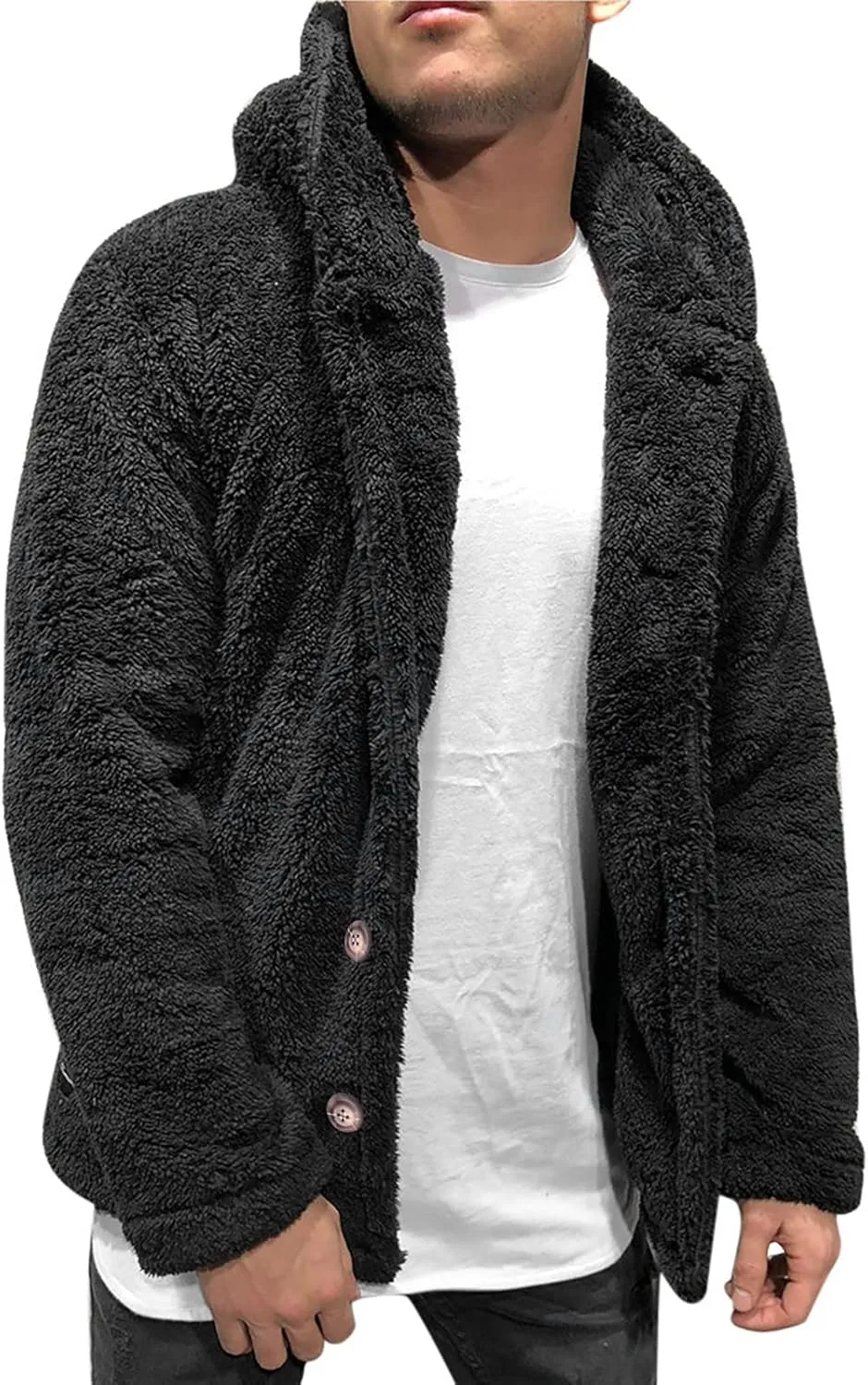 Men's Fleece Jacket Casual Stylish Long Sleeve Hooded Sweater Comfort Fit Button Jacket Coat Winter Warm Cardigan