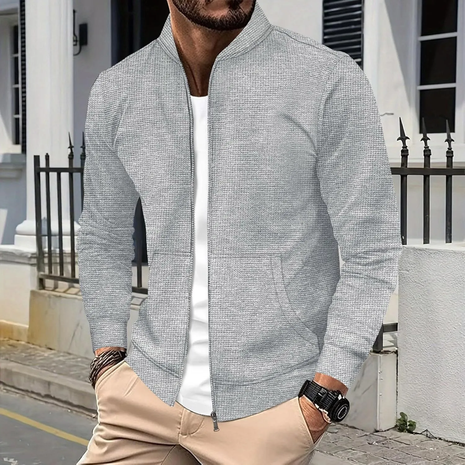 Men's Jacquard Polar Fleece Jacket Lightweight Full Zip Jackets Casual Outdoor Warm Cardigan Sweater Jackets Pockets