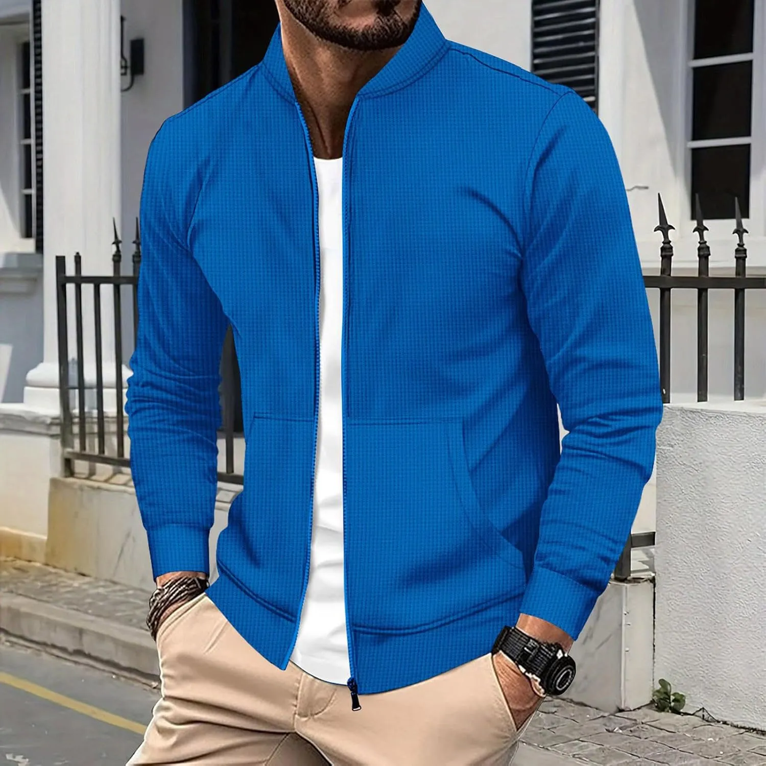Men's Jacquard Polar Fleece Jacket Lightweight Full Zip Jackets Casual Outdoor Warm Cardigan Sweater Jackets Pockets