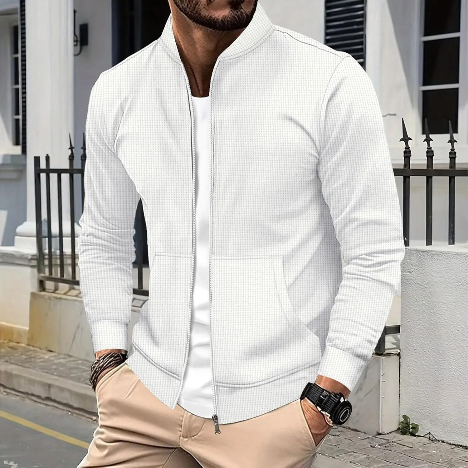 Men's Jacquard Polar Fleece Jacket Lightweight Full Zip Jackets Casual Outdoor Warm Cardigan Sweater Jackets Pockets