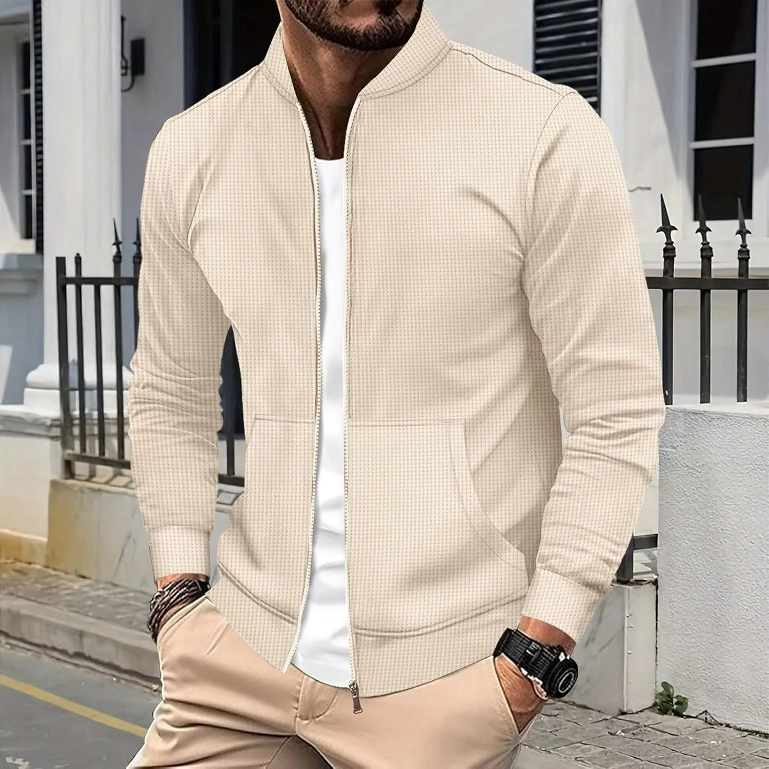 Men's Jacquard Polar Fleece Jacket Lightweight Full Zip Jackets Casual Outdoor Warm Cardigan Sweater Jackets Pockets
