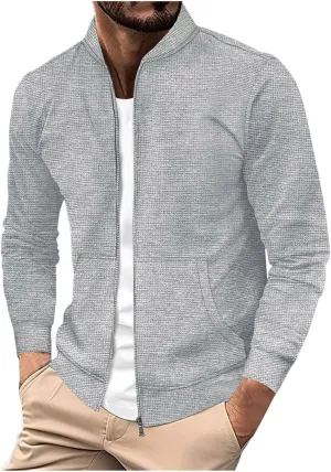 Men's Jacquard Polar Fleece Jacket Lightweight Full Zip Jackets Casual Outdoor Warm Cardigan Sweater Jackets Pockets