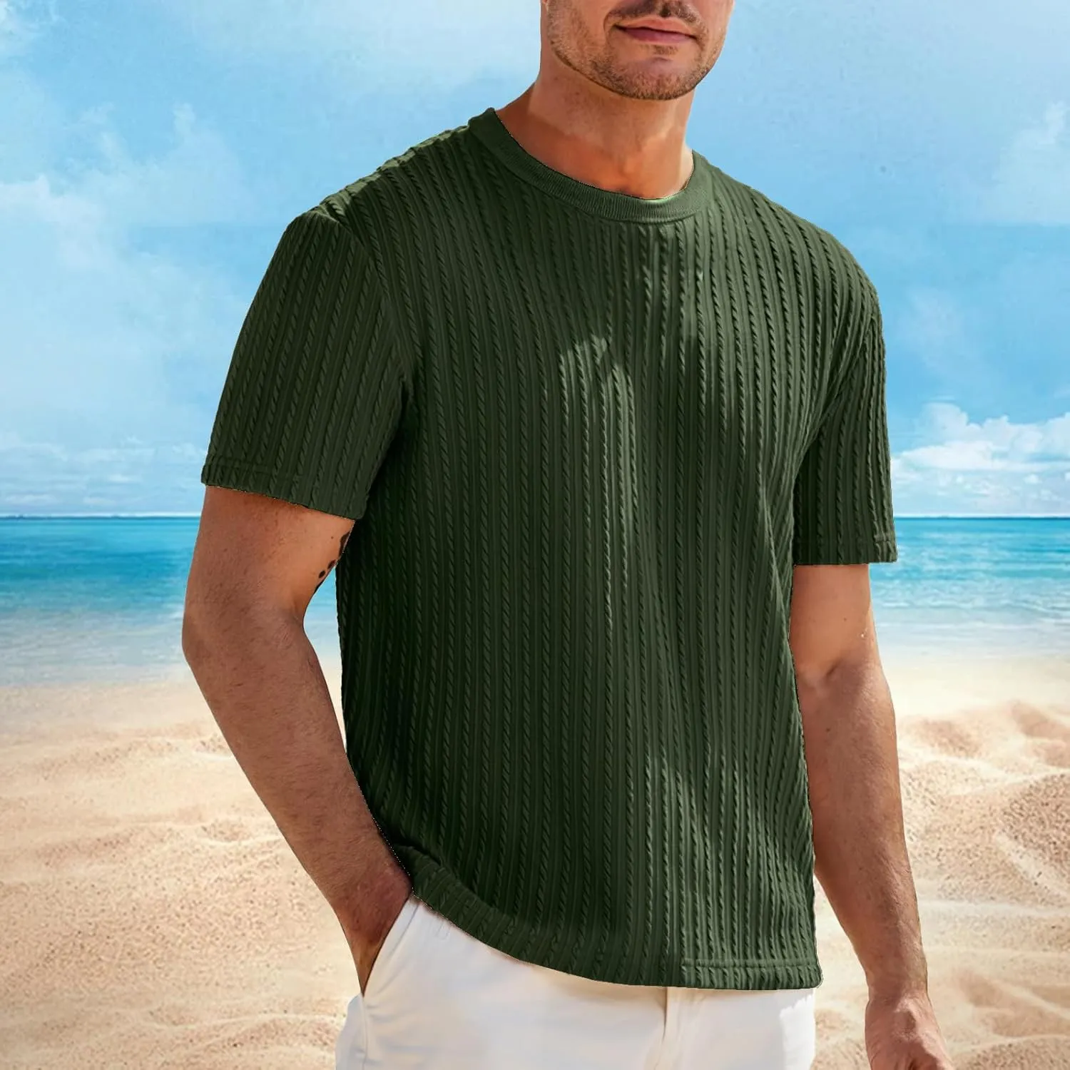 Mens Knit Striped T Shirts Short Sleeve Crewneck Stretch Ribbed Textured Shirts Casual Summer Athletic Solid Tee Tops