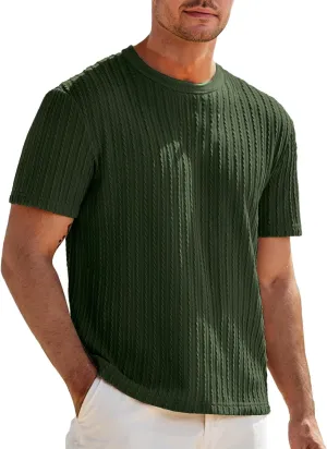 Mens Knit Striped T Shirts Short Sleeve Crewneck Stretch Ribbed Textured Shirts Casual Summer Athletic Solid Tee Tops