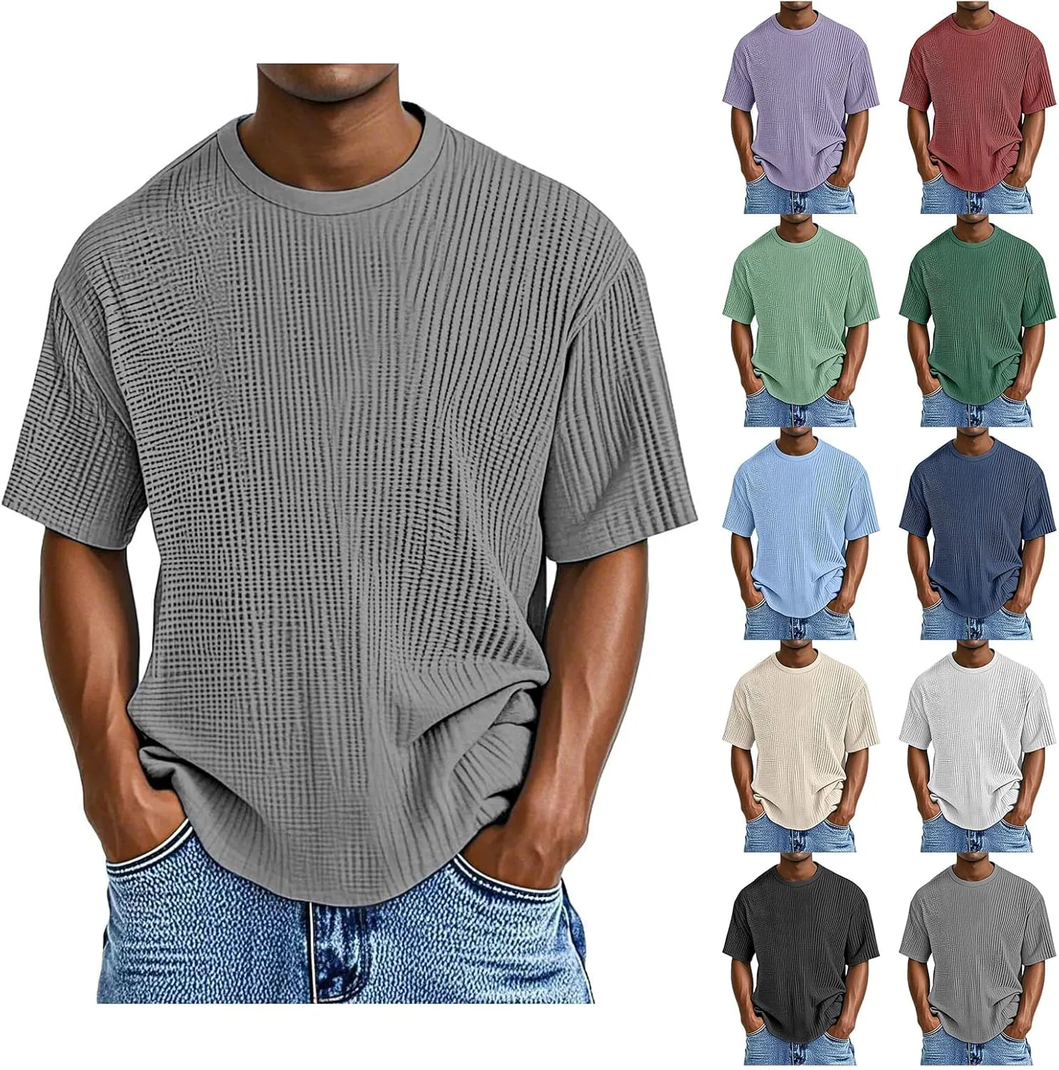 Mens Knit Waffle T Shirt Casual Textured Crewneck Tees Solid Color Short Sleeve Tee Summer Breathable Stylish Shirts