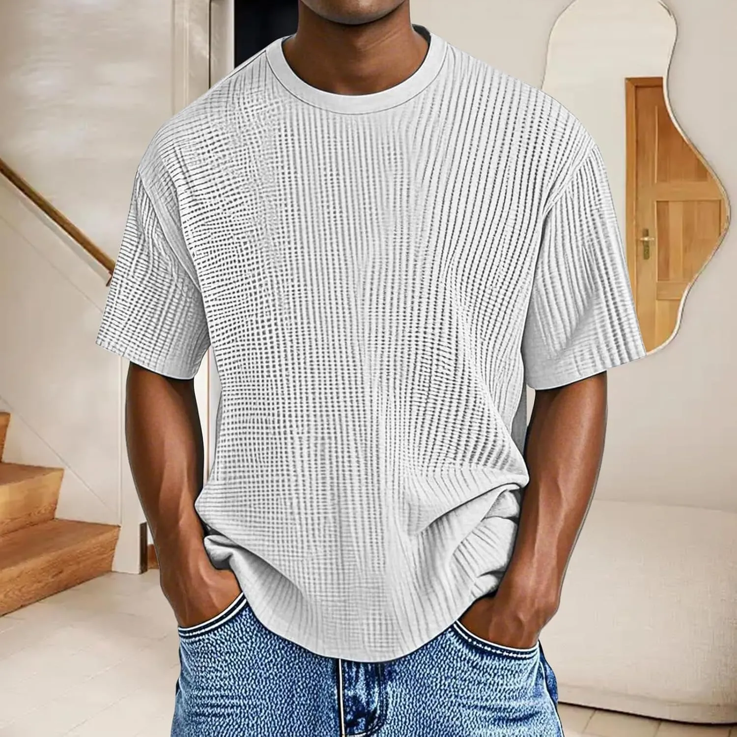 Mens Knit Waffle T Shirt Casual Textured Crewneck Tees Solid Color Short Sleeve Tee Summer Breathable Stylish Shirts