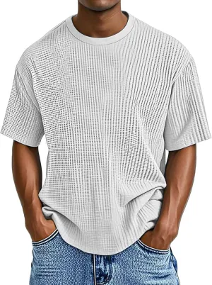 Mens Knit Waffle T Shirt Casual Textured Crewneck Tees Solid Color Short Sleeve Tee Summer Breathable Stylish Shirts
