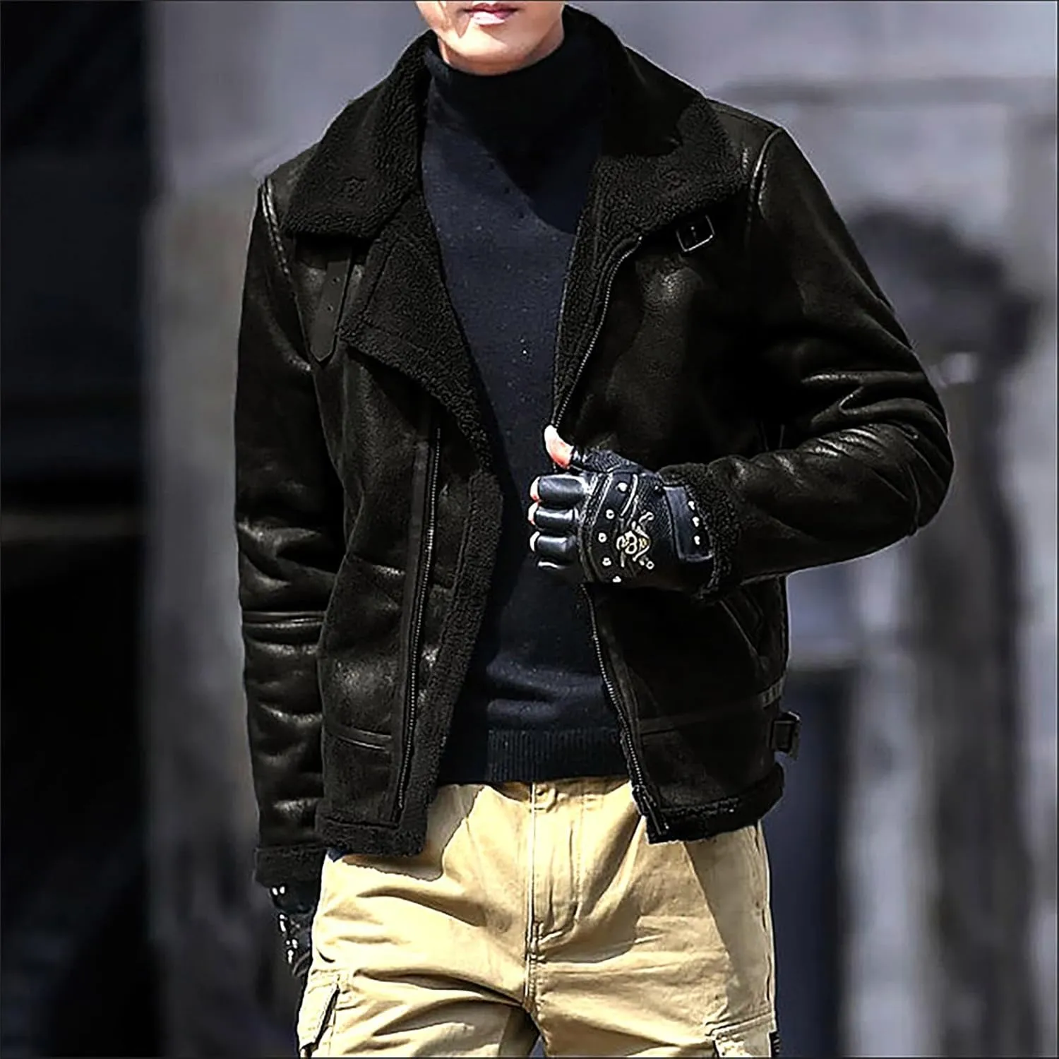Men's Leather Cotton Cargo Jacket Winter Sherpa Fleece Lined Work Jacket Coats Lapel Collar Motorcycle Classic Jackets