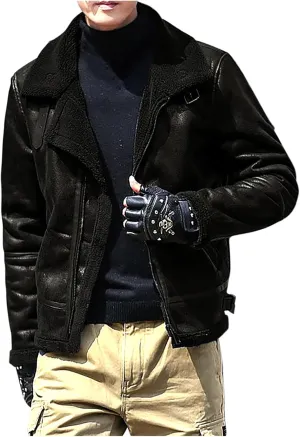 Men's Leather Cotton Cargo Jacket Winter Sherpa Fleece Lined Work Jacket Coats Lapel Collar Motorcycle Classic Jackets