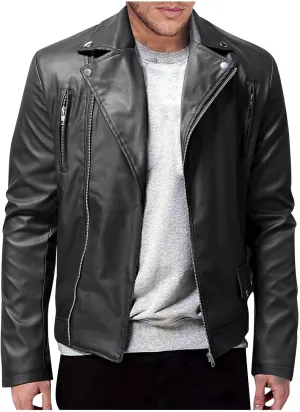 Mens Leather Jacket Black Bomber Jackets Motorcycle Faux Leather Outwear Lightweight Slim Fit Cool Biker Coat