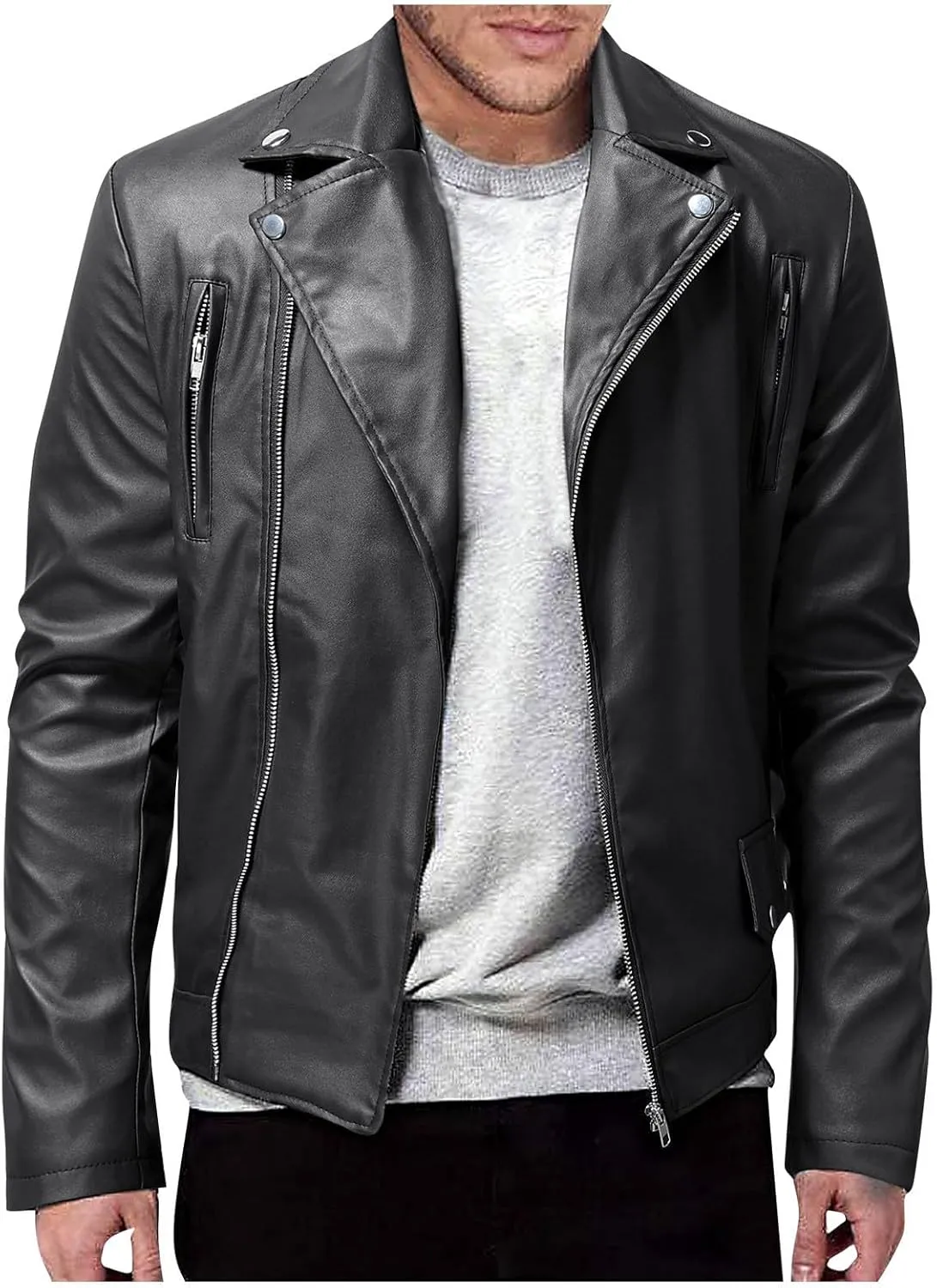 Mens Leather Jacket Black Bomber Jackets Motorcycle Faux Leather Outwear Lightweight Slim Fit Cool Biker Coat