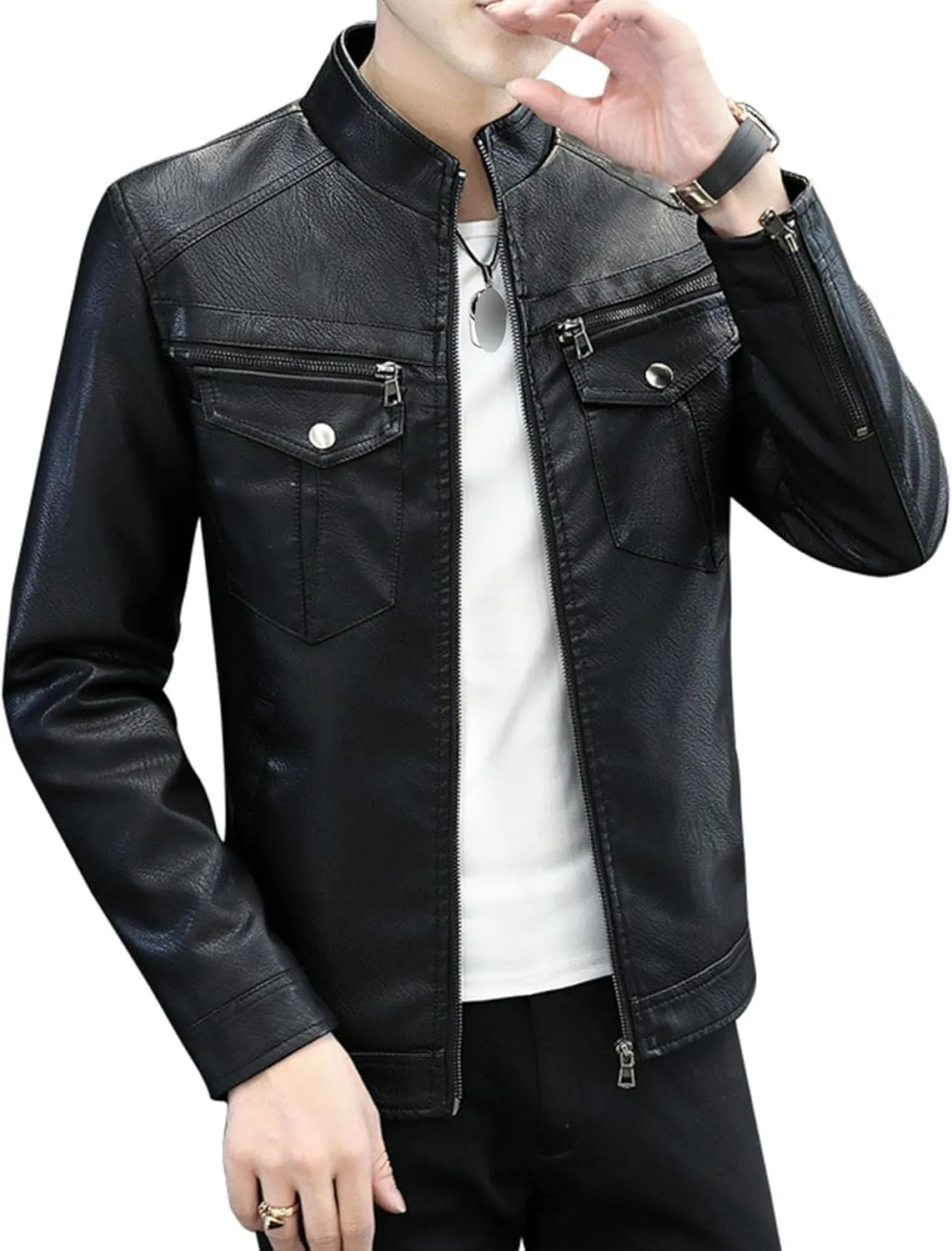 Men's Leather Jacket Fashion Vintage Stand Collar Faux Leather Jacket Zip-Up Slim Fit Motorcycle Biker Coat