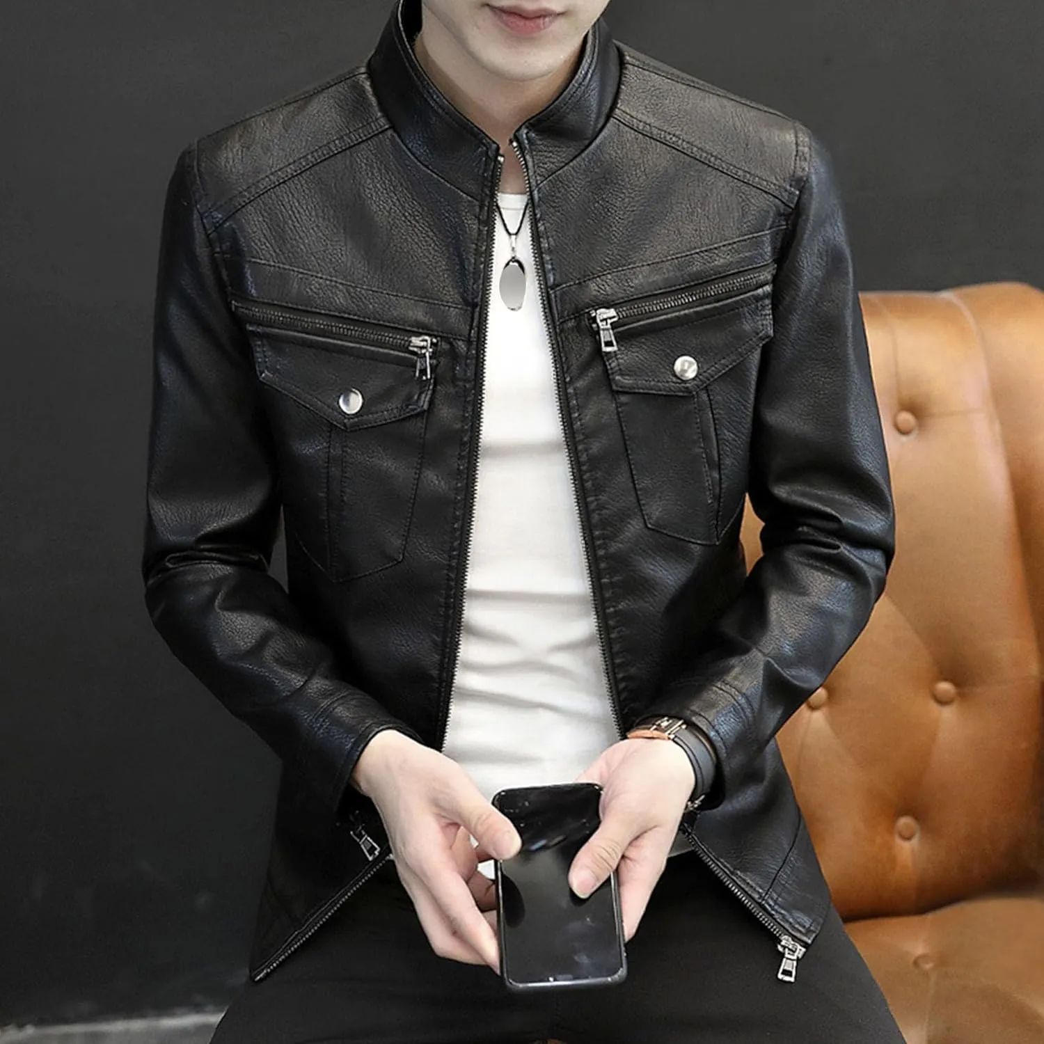 Men's Leather Jacket Fashion Vintage Stand Collar Faux Leather Jacket Zip-Up Slim Fit Motorcycle Biker Coat