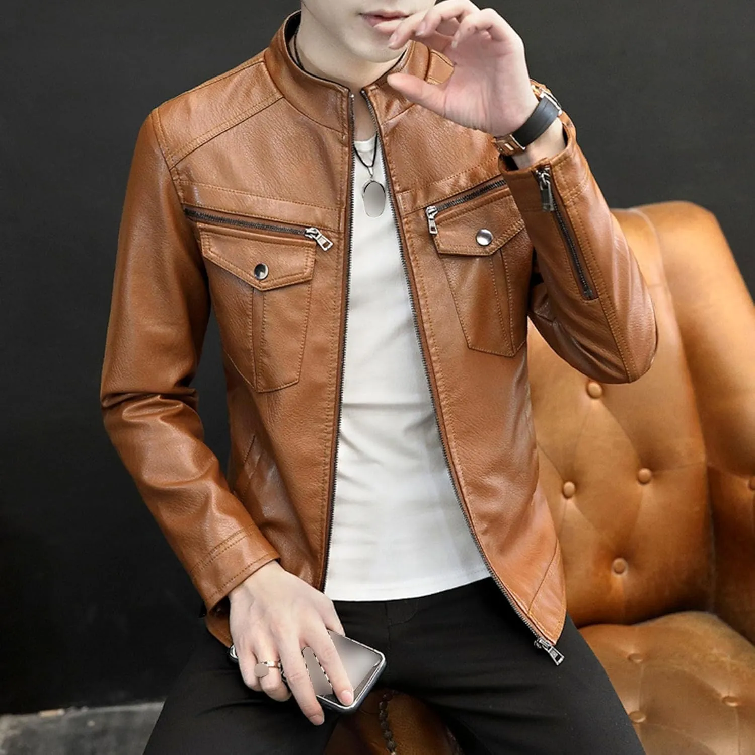 Men's Leather Jacket Fashion Vintage Stand Collar Faux Leather Jacket Zip-Up Slim Fit Motorcycle Biker Coat