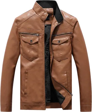 Men's Leather Jacket Fashion Vintage Stand Collar Faux Leather Jacket Zip-Up Slim Fit Motorcycle Biker Coat