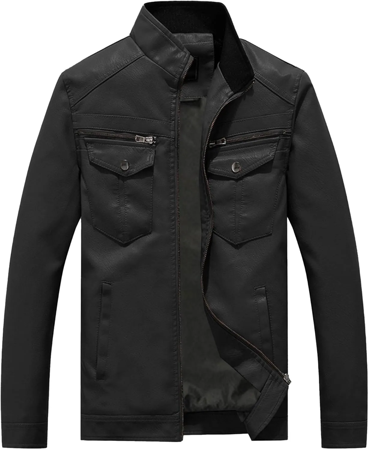 Men's Leather Jacket Fashion Vintage Stand Collar Faux Leather Jacket Zip-Up Slim Fit Motorcycle Biker Coat