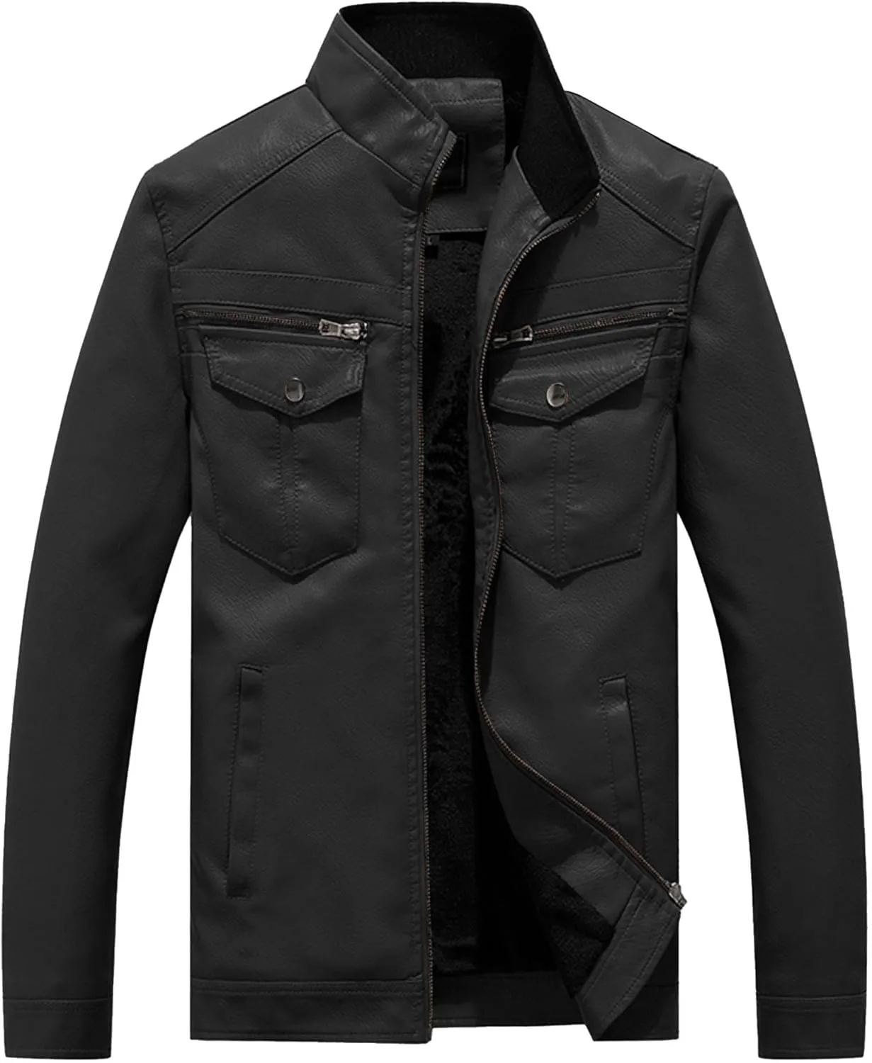 Men's Leather Jacket Fashion Vintage Stand Collar Faux Leather Jacket Zip-Up Slim Fit Motorcycle Biker Coat
