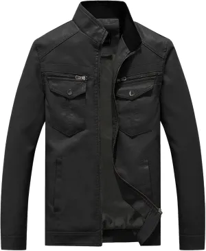 Men's Leather Jacket Fashion Vintage Stand Collar Faux Leather Jacket Zip-Up Slim Fit Motorcycle Biker Coat
