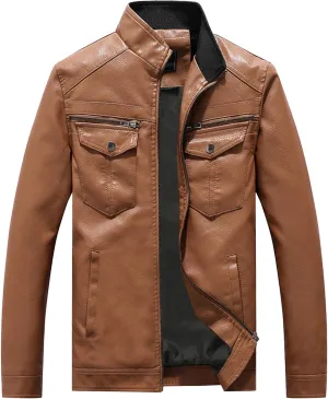 Men's Leather Jacket Fashion Vintage Stand Collar Faux Leather Jacket Zip-Up Slim Fit Motorcycle Biker Coat