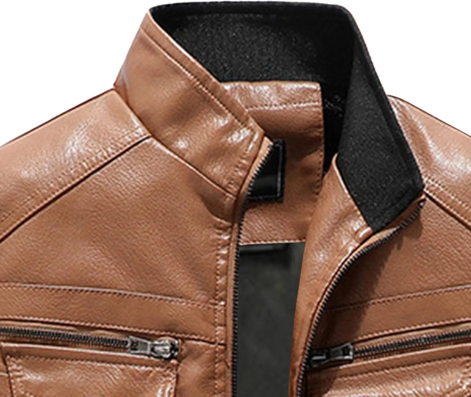 Men's Leather Jacket Fashion Vintage Stand Collar Faux Leather Jacket Zip-Up Slim Fit Motorcycle Biker Coat