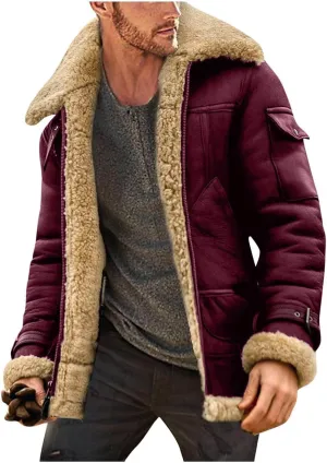 Mens Leather Jacket Sherpa Lined Jacket Faux Fur Leather Coat Zip Up Thicken Trench Coat Casual Winter Outwear
