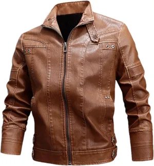 Mens Leather Jacket Winter PU Leather Jacket Coat Classic Stand Collar Cowboy Motorcycle Leather Jackets