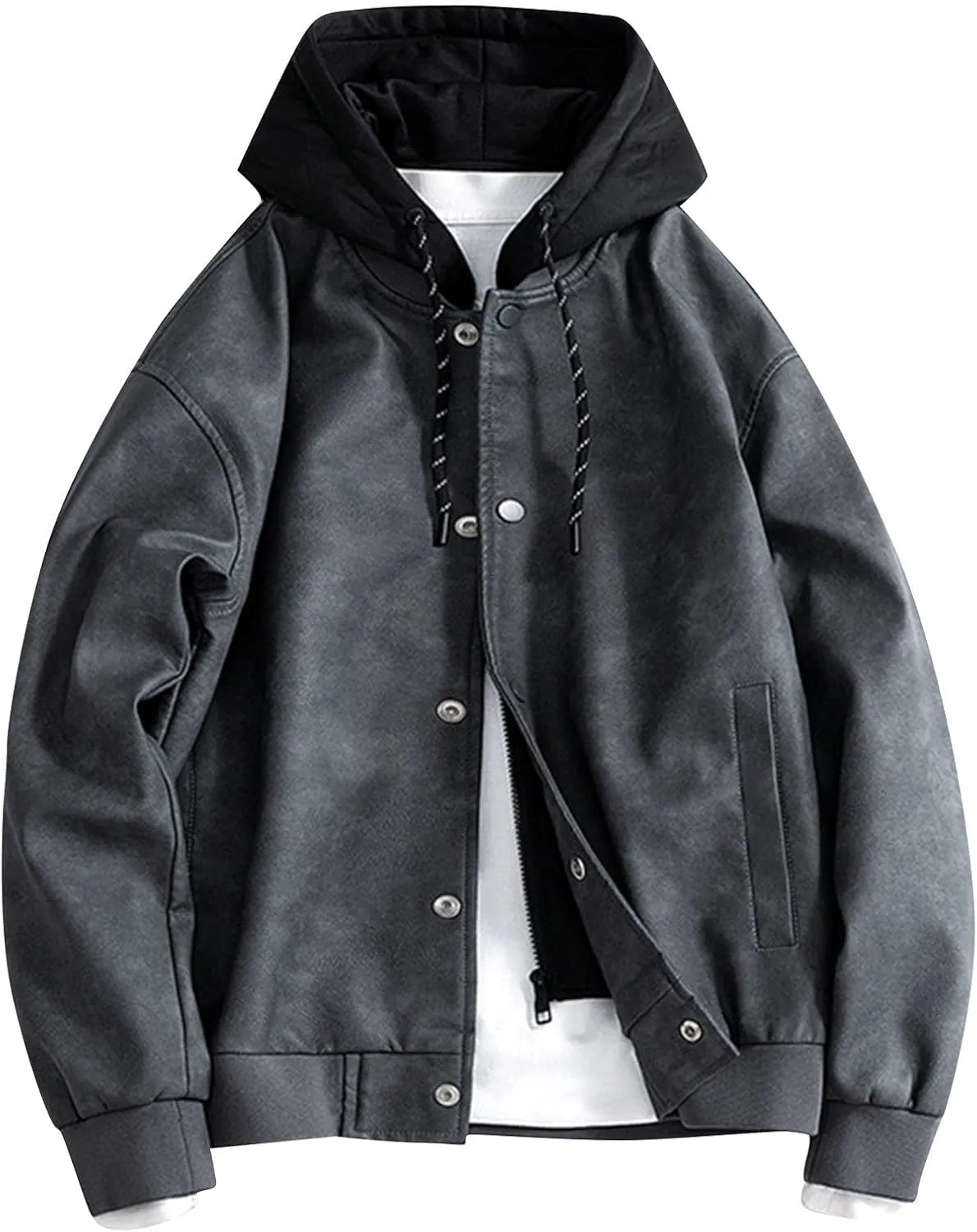 Mens Lightweight PU Leather Hooded Jacket Causal Button Down Biker Jacket Motorcycle Outerwear Coat Fashion Clothes