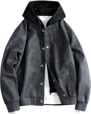 Mens Lightweight PU Leather Hooded Jacket Causal Button Down Biker Jacket Motorcycle Outerwear Coat Fashion Clothes