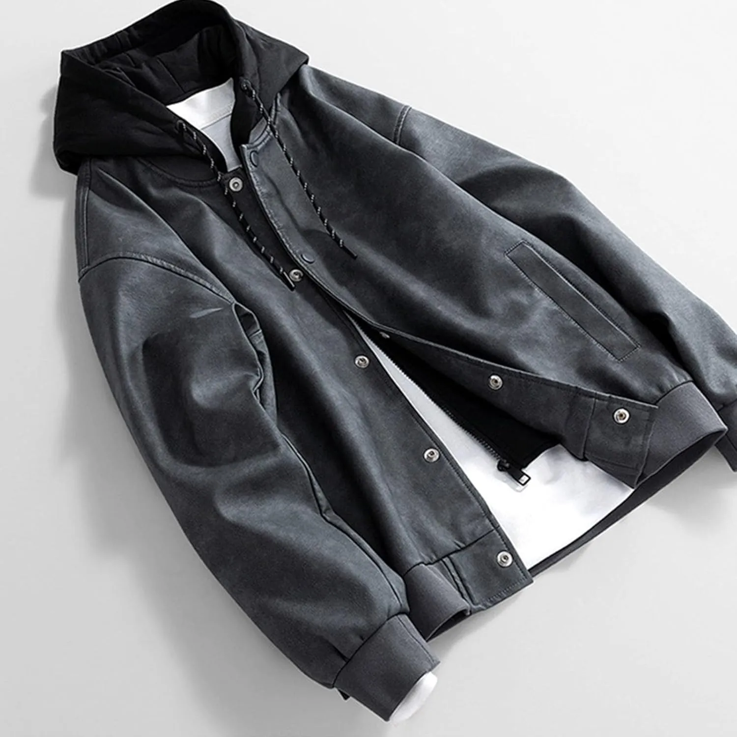 Mens Lightweight PU Leather Hooded Jacket Causal Button Down Biker Jacket Motorcycle Outerwear Coat Fashion Clothes