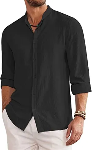 Men's Linen Long Sleeve Shirts Casual Long Sleeve Trendy Button Down Banded Collar Shirt Beach 2025 Summer Yoga Tops