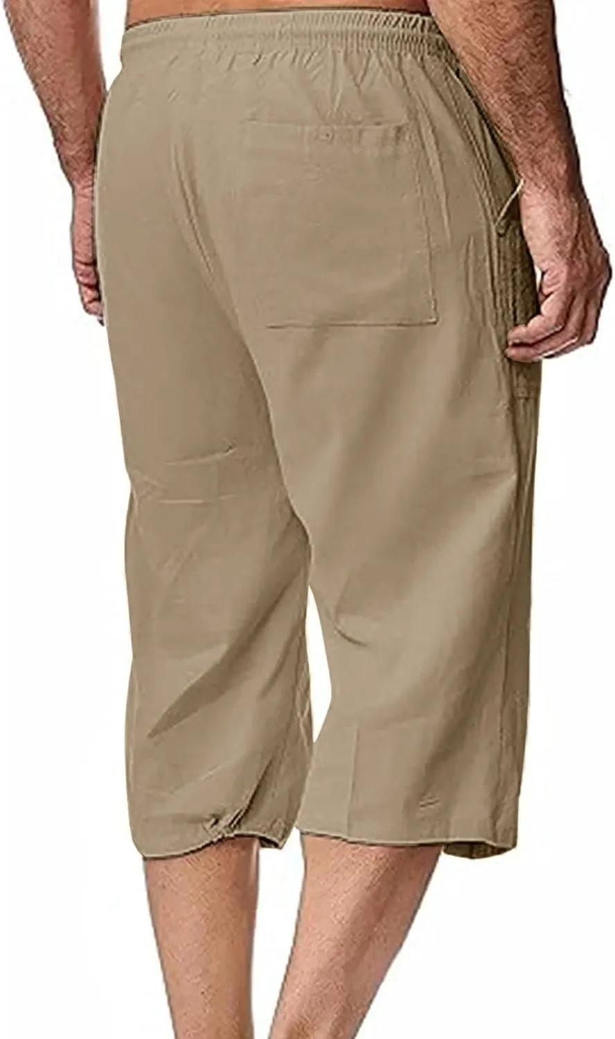 Mens Linen Pants Capri Baggy Beach Pants with Pockets Elastic Waist Drawstring Trousers Casual Loose Cropped Pant
