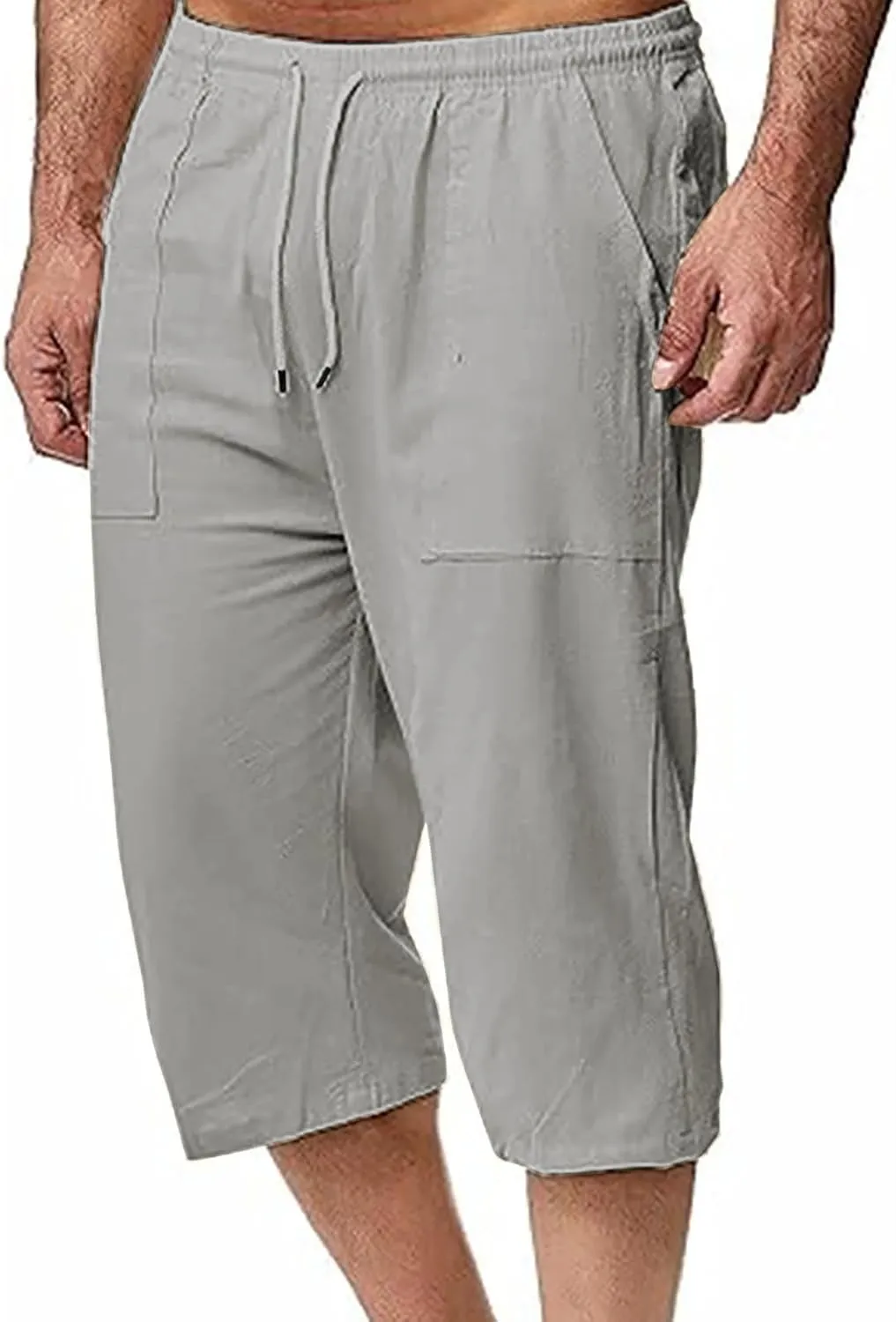 Mens Linen Pants Capri Baggy Beach Pants with Pockets Elastic Waist Drawstring Trousers Casual Loose Cropped Pant