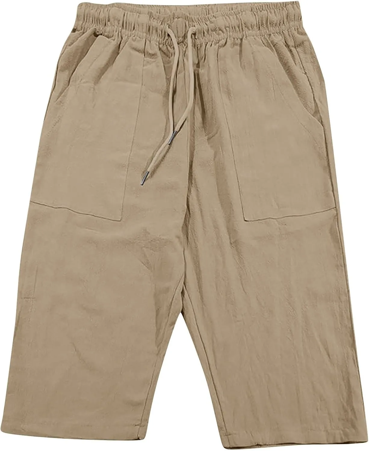 Mens Linen Pants Capri Baggy Beach Pants with Pockets Elastic Waist Drawstring Trousers Casual Loose Cropped Pant