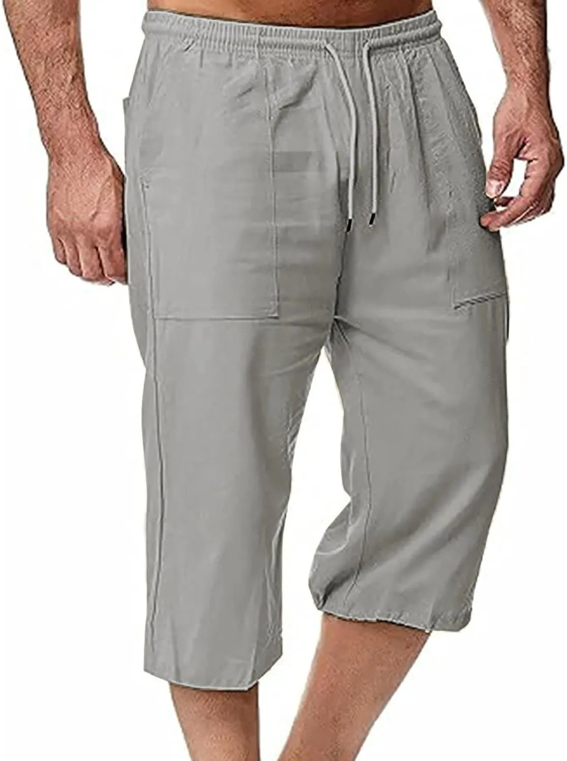 Mens Linen Pants Capri Baggy Beach Pants with Pockets Elastic Waist Drawstring Trousers Casual Loose Cropped Pant