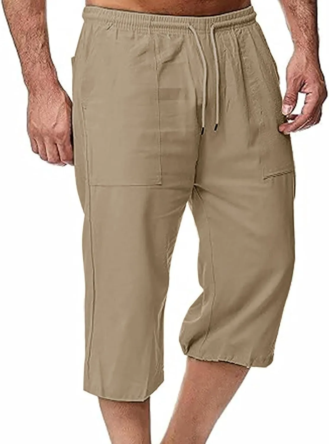 Mens Linen Pants Capri Baggy Beach Pants with Pockets Elastic Waist Drawstring Trousers Casual Loose Cropped Pant