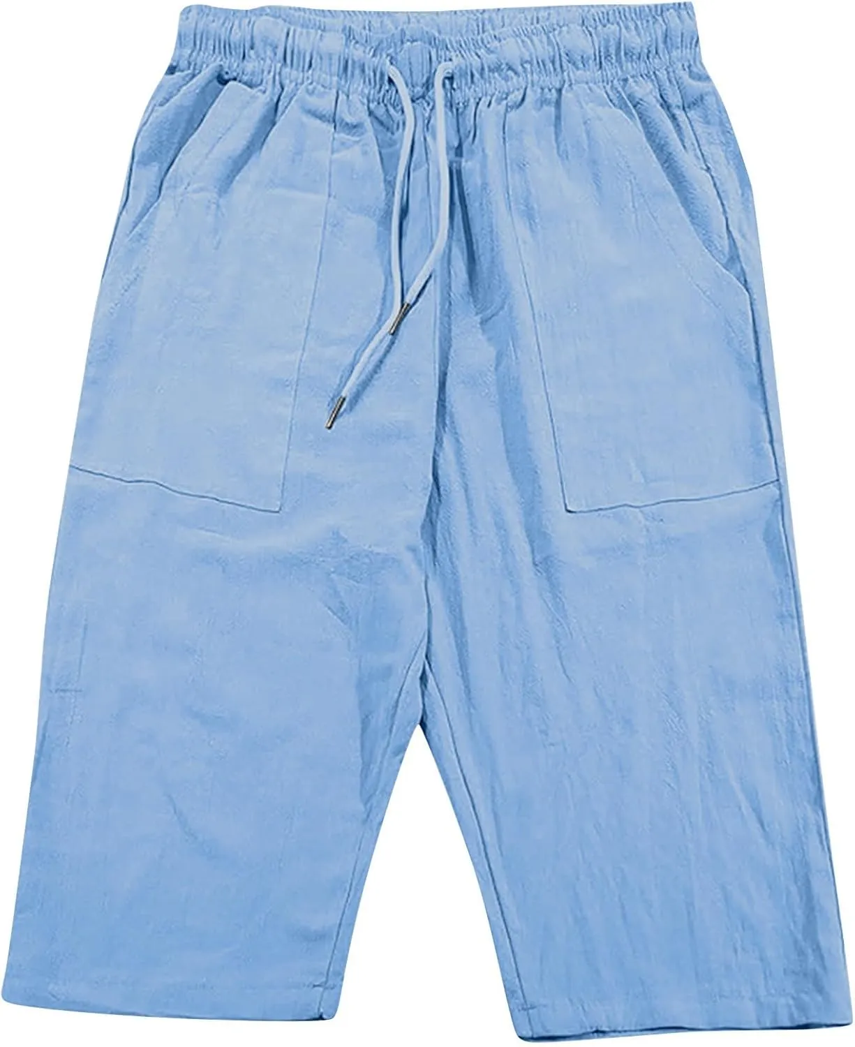 Mens Linen Pants Capri Baggy Beach Pants with Pockets Elastic Waist Drawstring Trousers Casual Loose Cropped Pant
