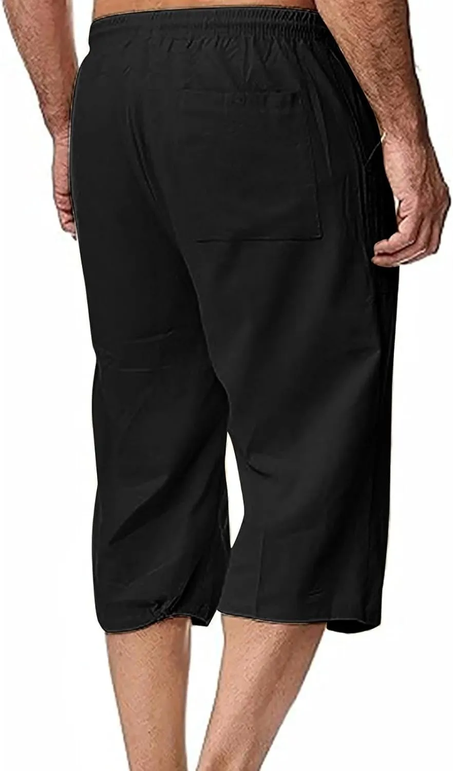 Mens Linen Pants Capri Baggy Beach Pants with Pockets Elastic Waist Drawstring Trousers Casual Loose Cropped Pant